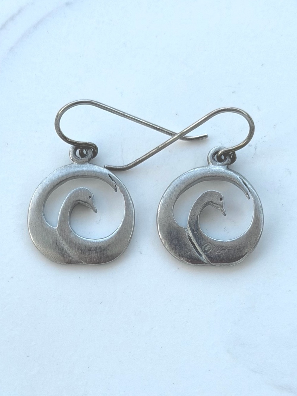 Lovell Designs Pewter Swan Dainty Drop Dangle Earrings, Signed